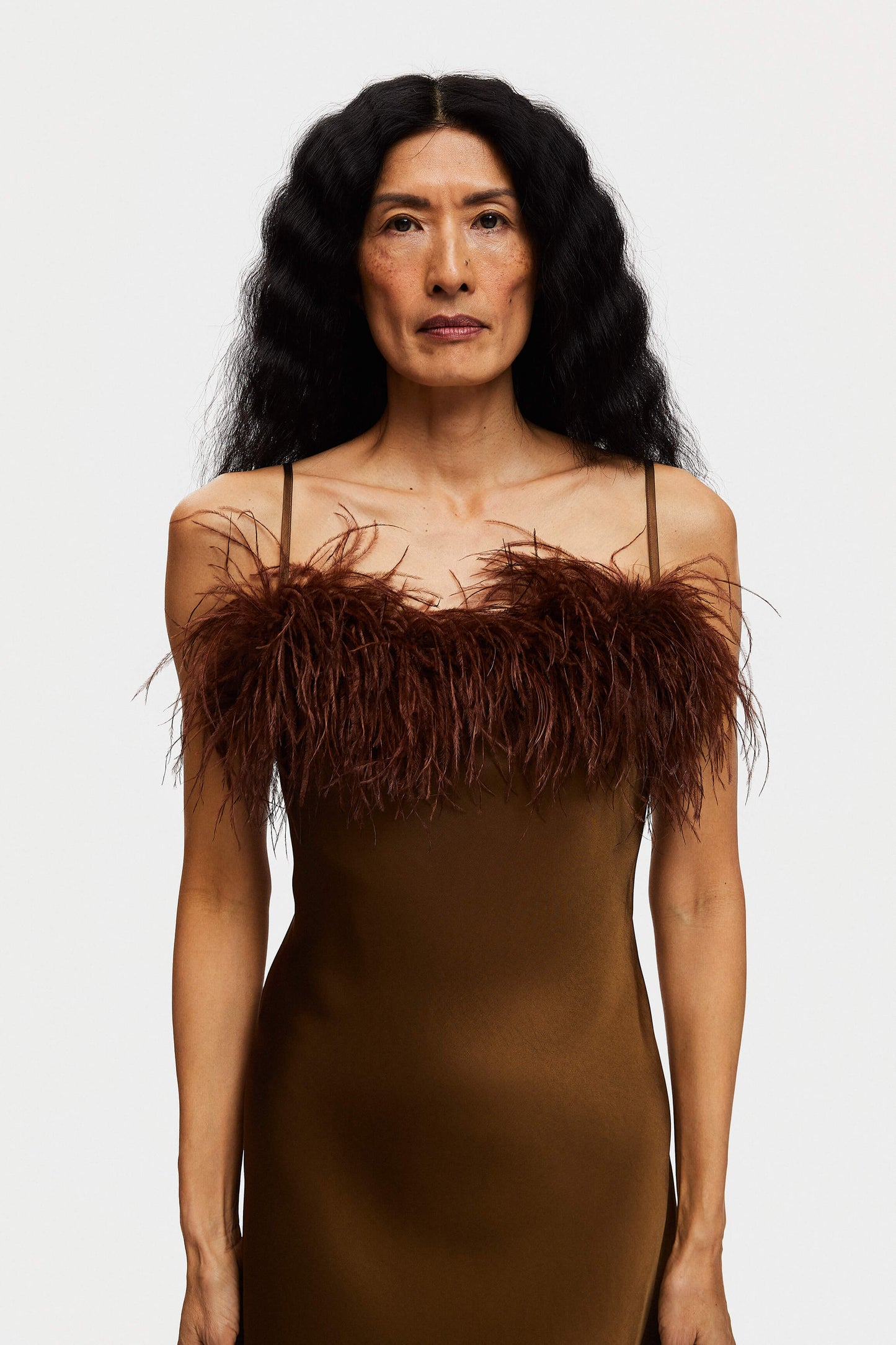 Boheme Mini Dress with Feathers in Whiskey Brown