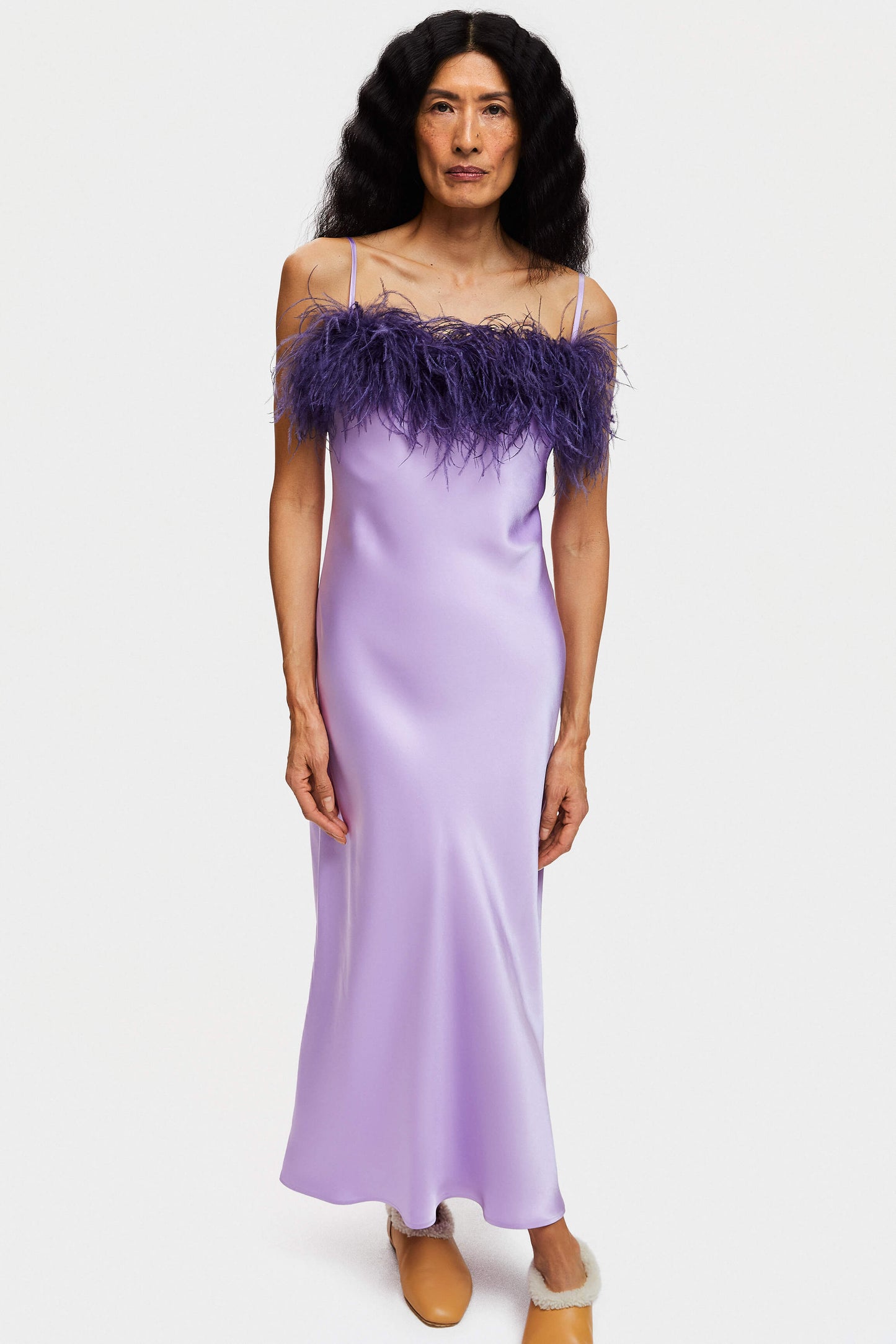 Boheme Slip Dress with Feathers in Lilac
