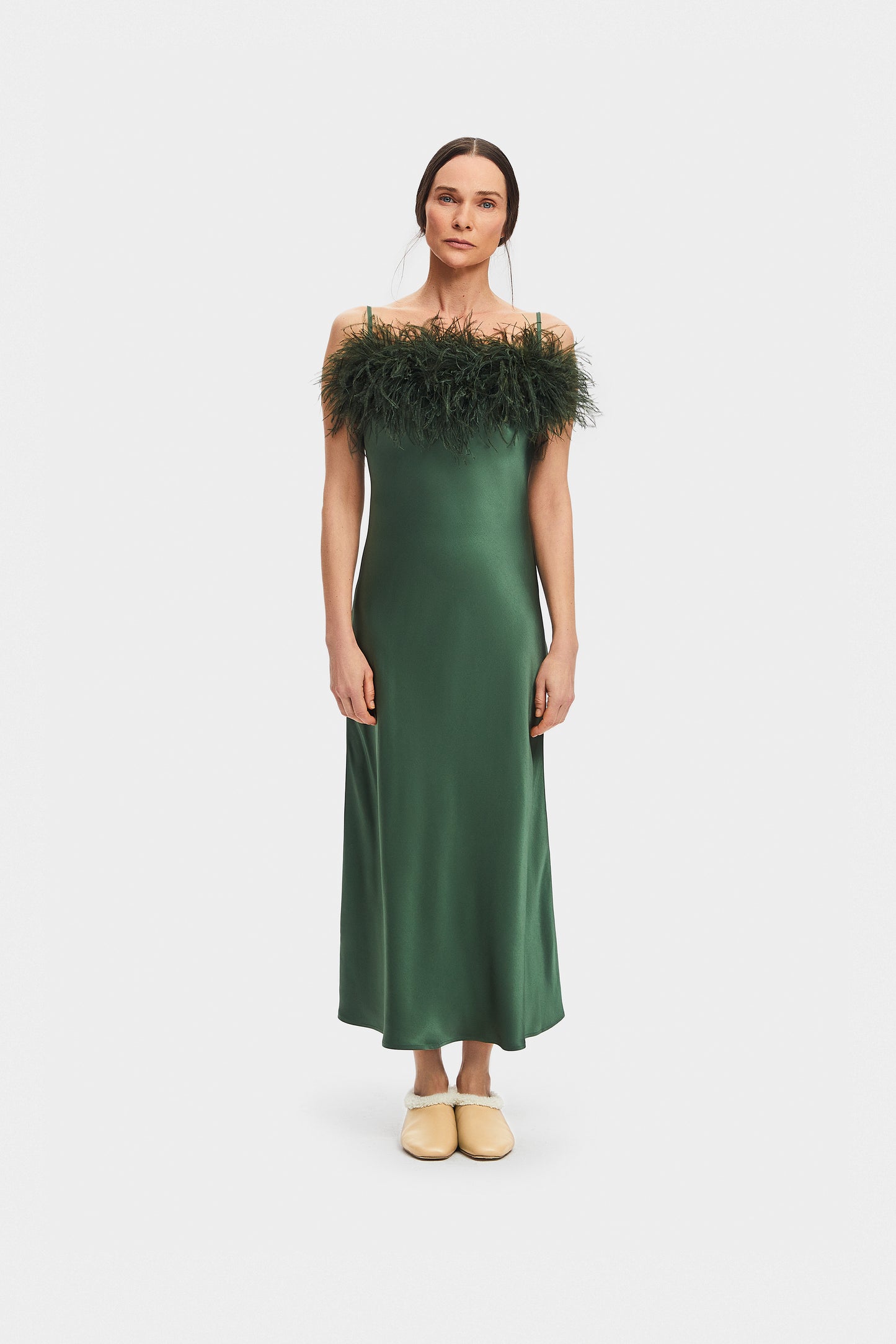 Boheme Feather Trimmed Ecovero™ Satin Dress in Green