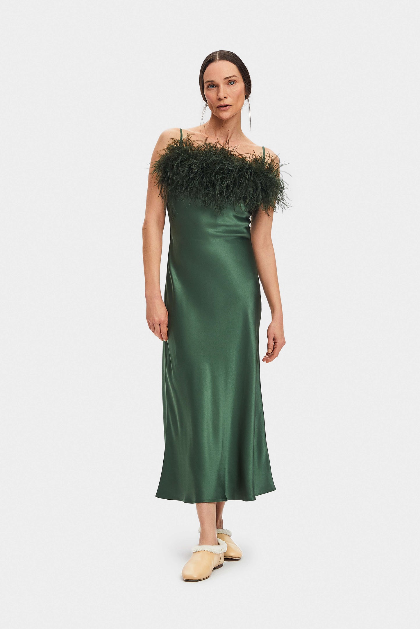 Boheme Feather Trimmed Ecovero™ Satin Dress in Green