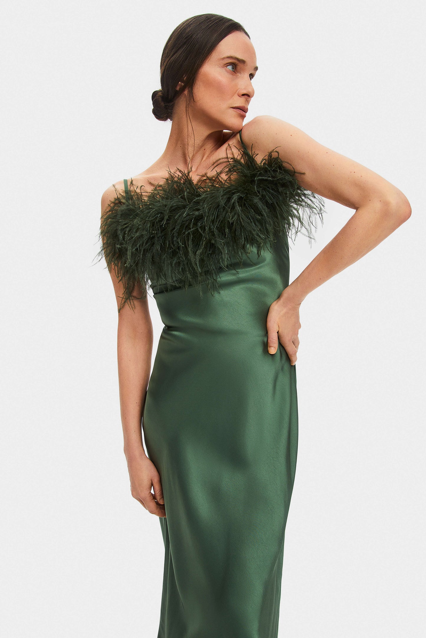 Boheme Feather Trimmed Ecovero™ Satin Dress in Green
