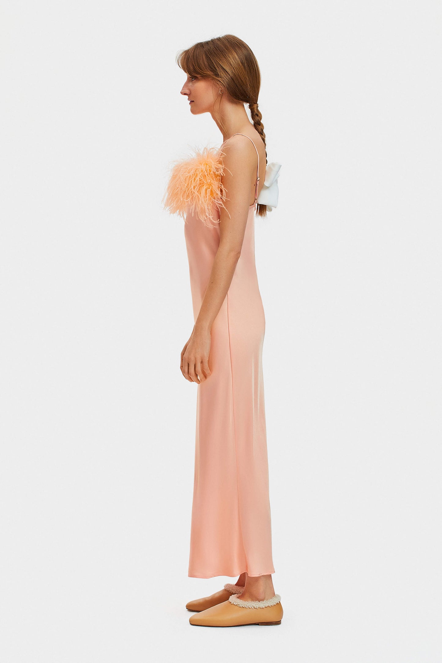 Boheme Slip Dress with Feathers in Light Peach