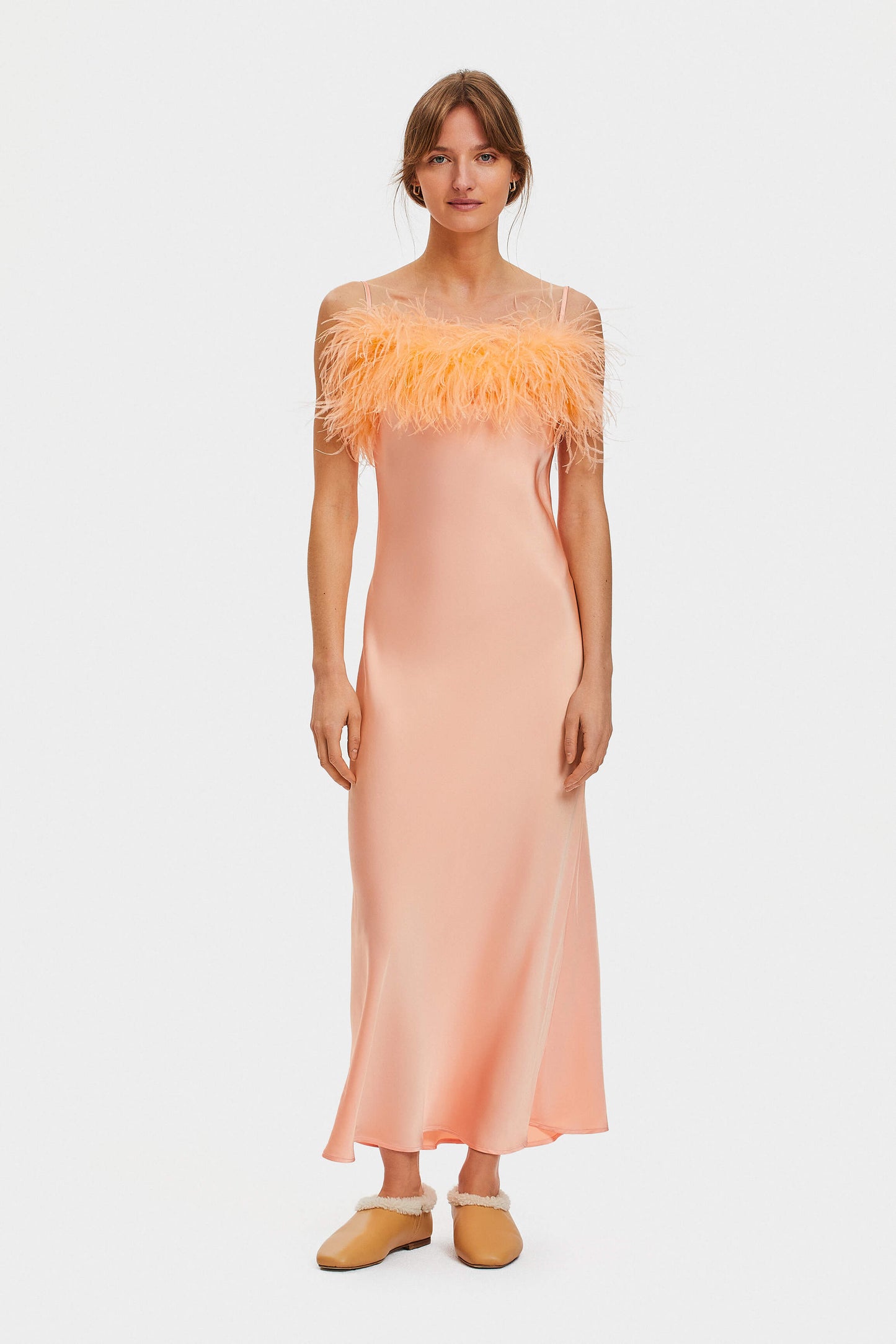 Boheme Slip Dress with Feathers in Light Peach