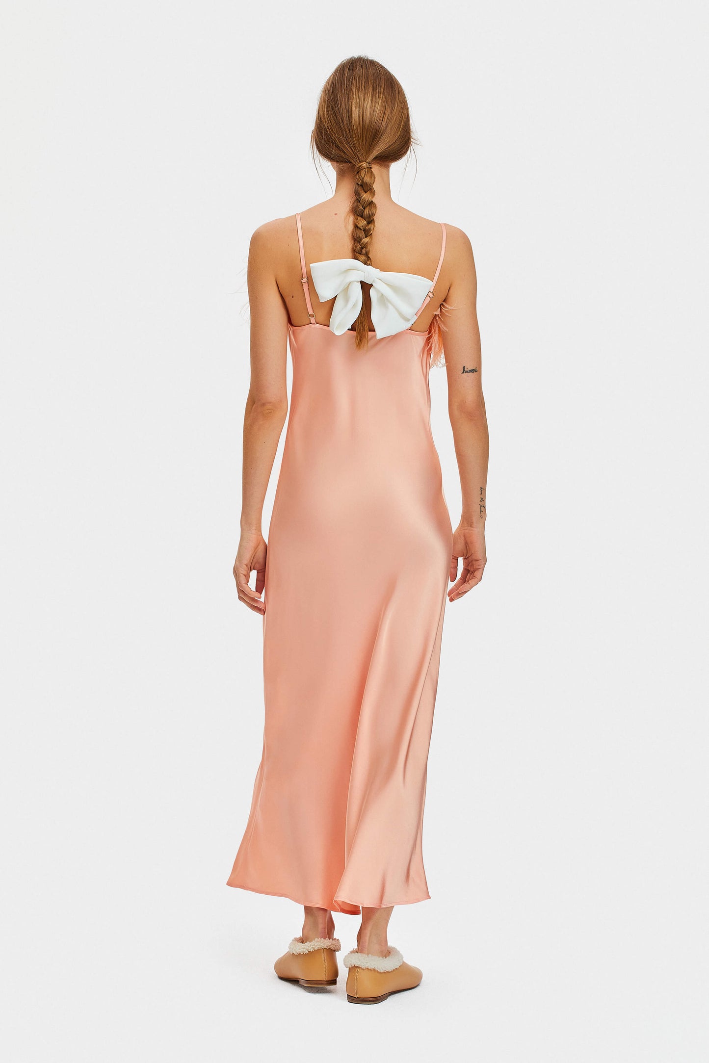 Boheme Slip Dress with Feathers in Light Peach