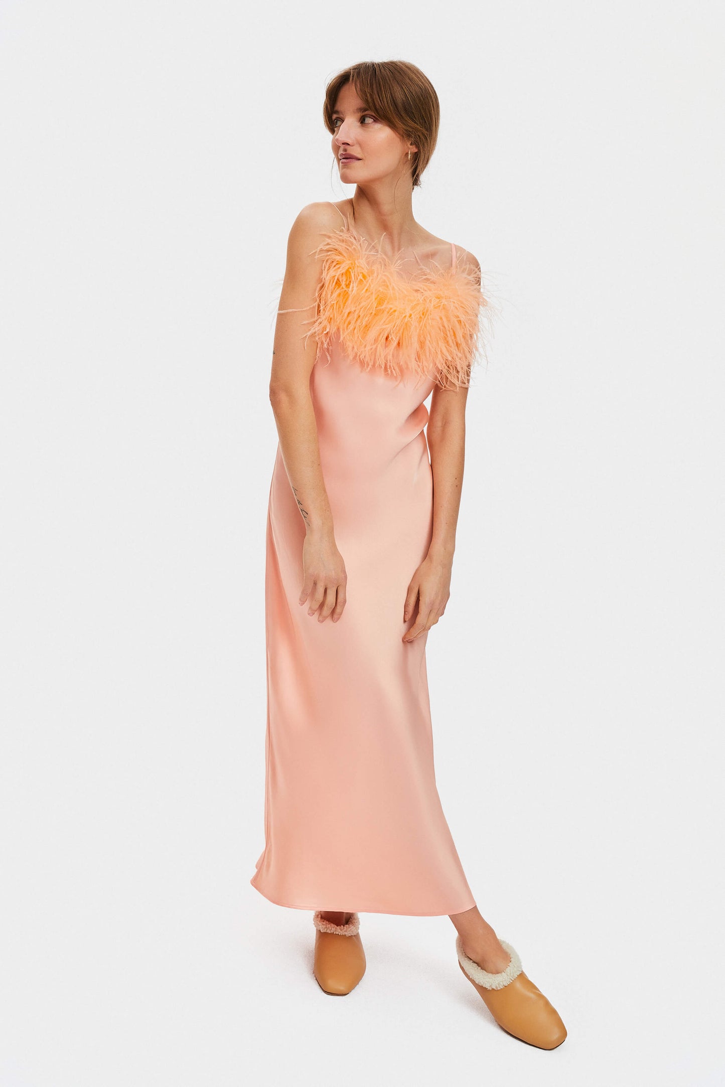 Boheme Slip Dress with Feathers in Light Peach