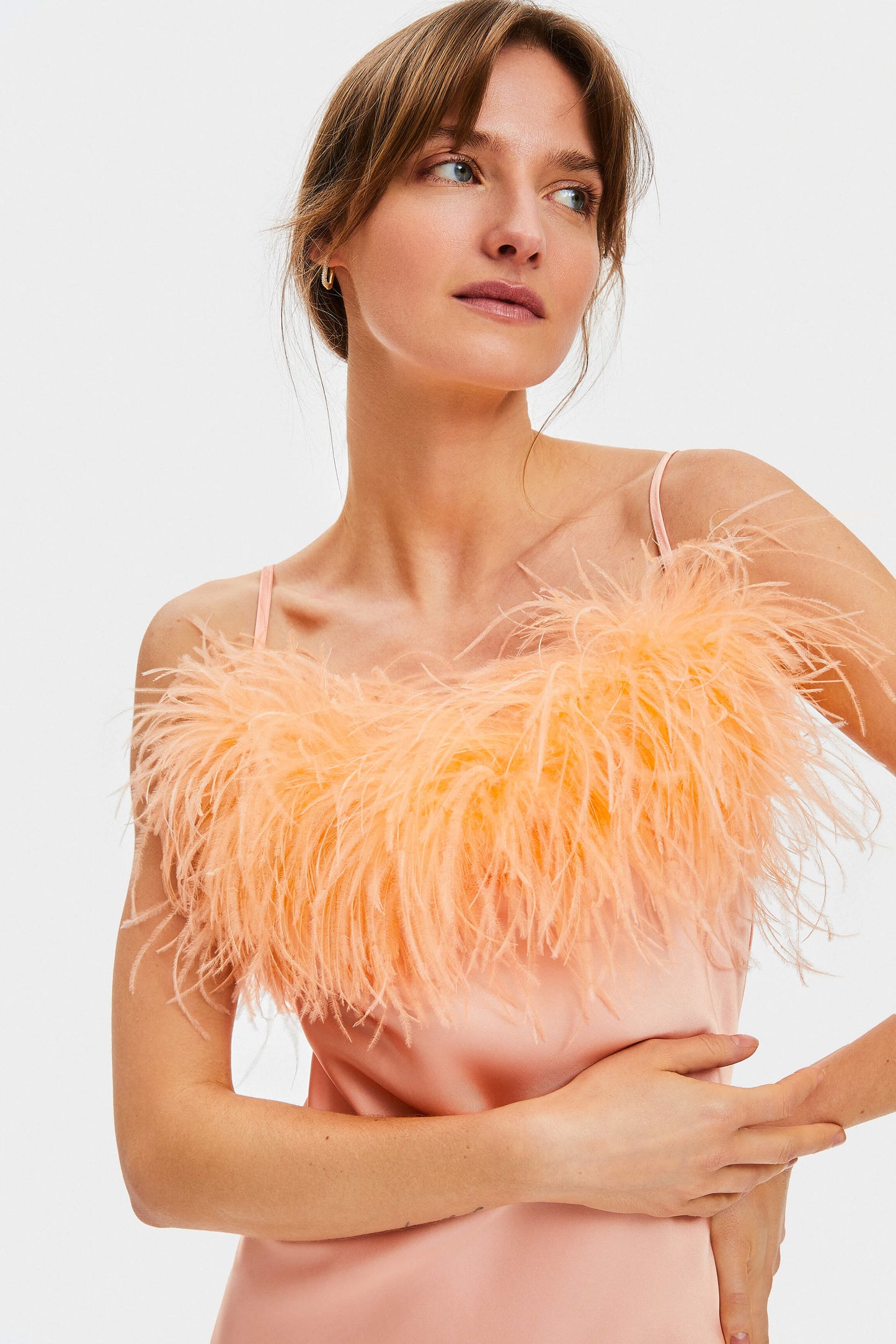 Boheme Slip Dress with Feathers in Light Peach