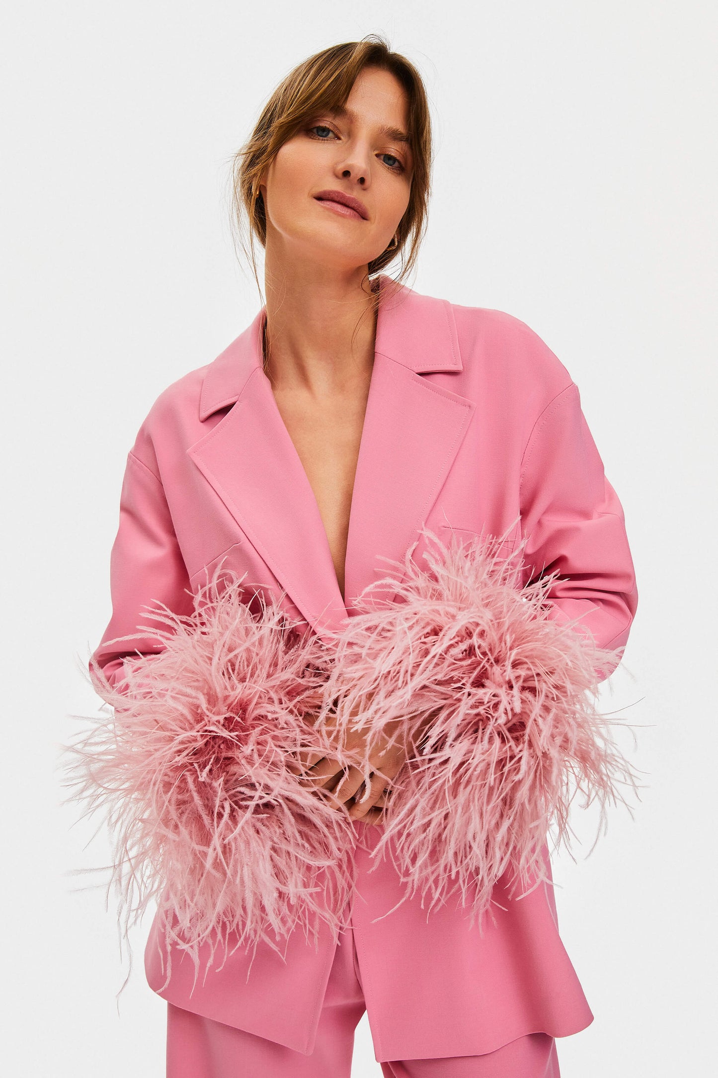 Girl With Pearl Button Blazer with Feathers in Pink