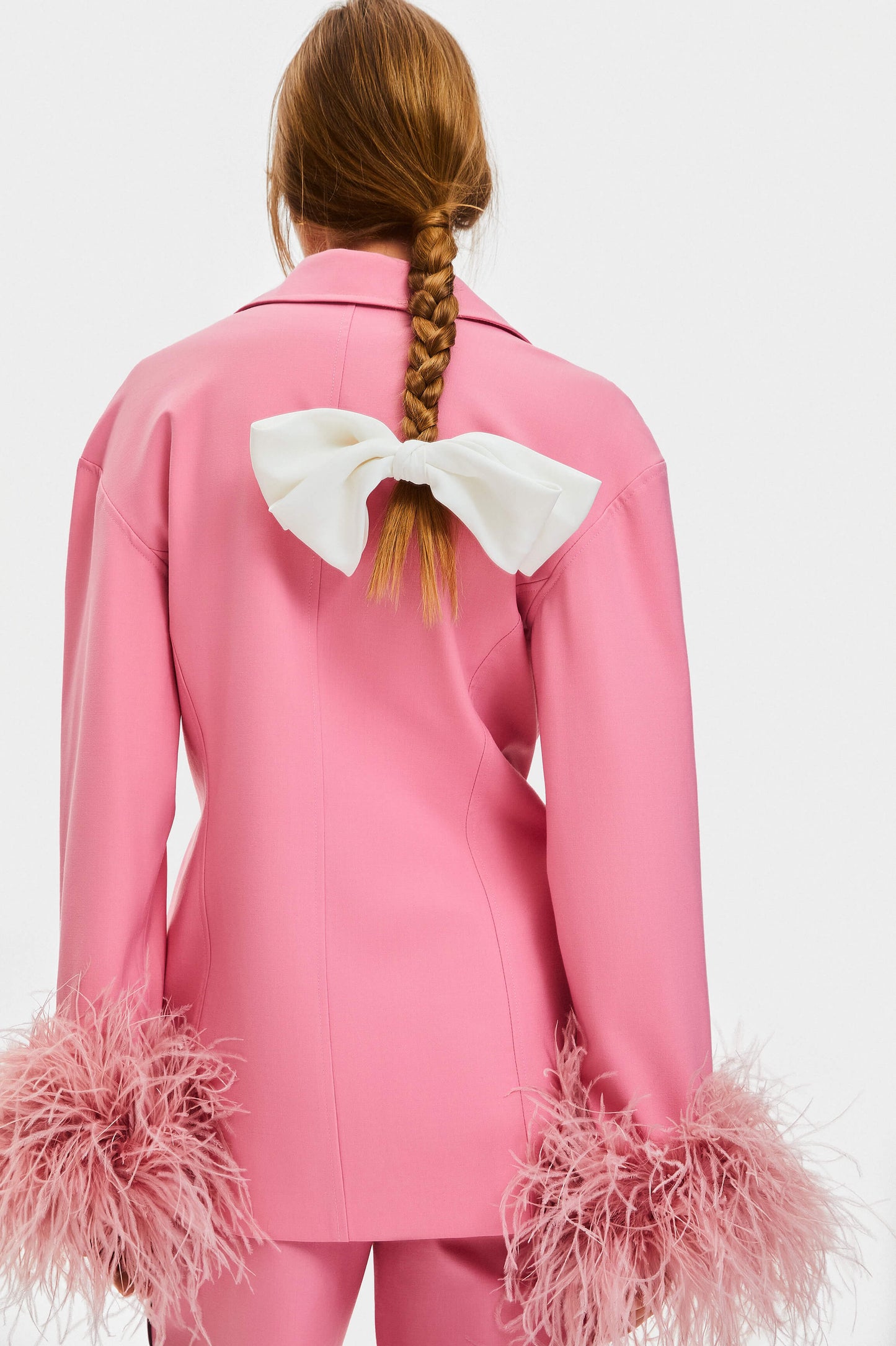 Girl With Pearl Button Blazer with Feathers in Pink
