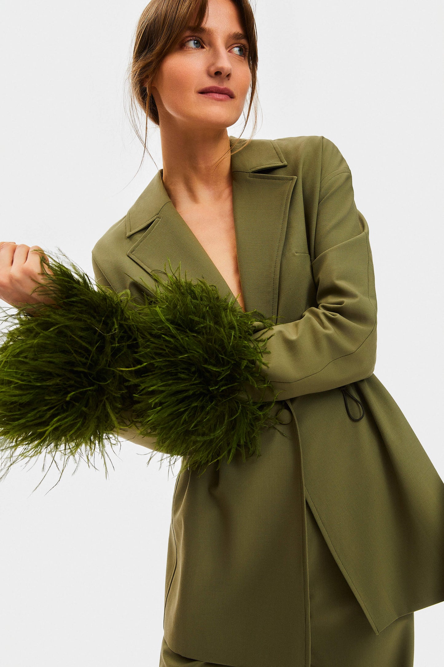 Girl With Pearl Button Blazer with Feathers in Green