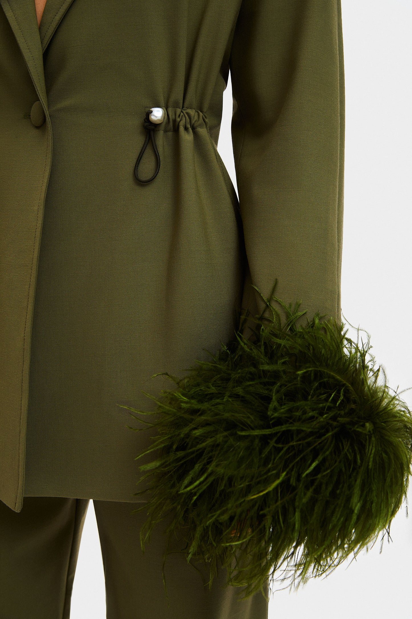 Girl With Pearl Button Blazer with Feathers in Green
