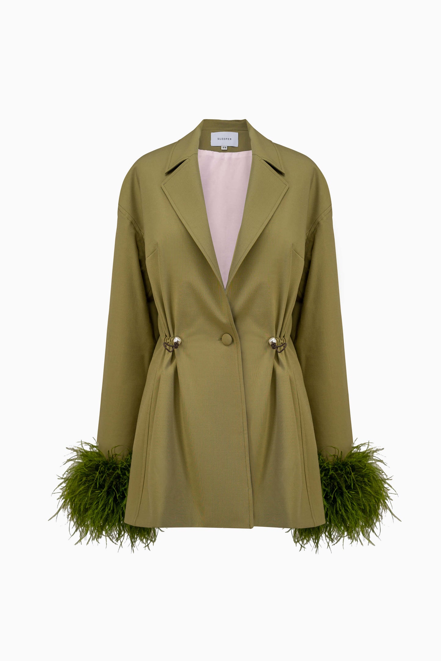 Girl With Pearl Button Blazer with Feathers in Green