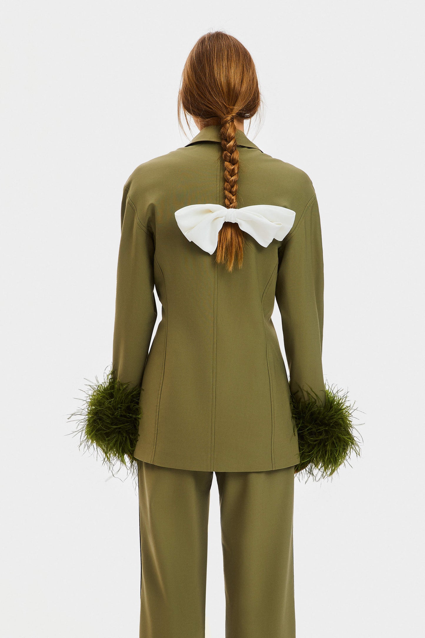 Girl With Pearl Button Blazer with Feathers in Green