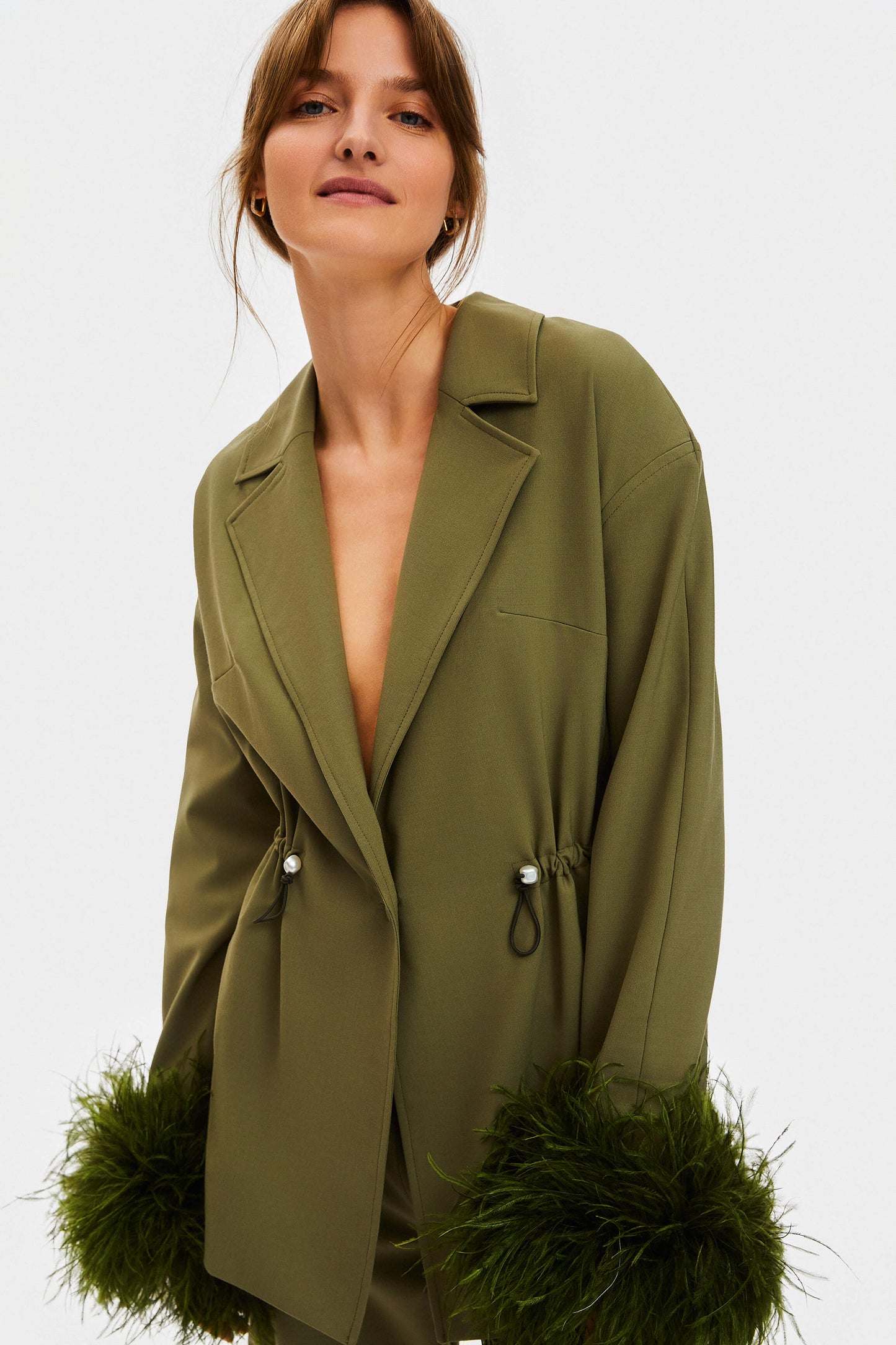 Girl With Pearl Button Blazer with Feathers in Green