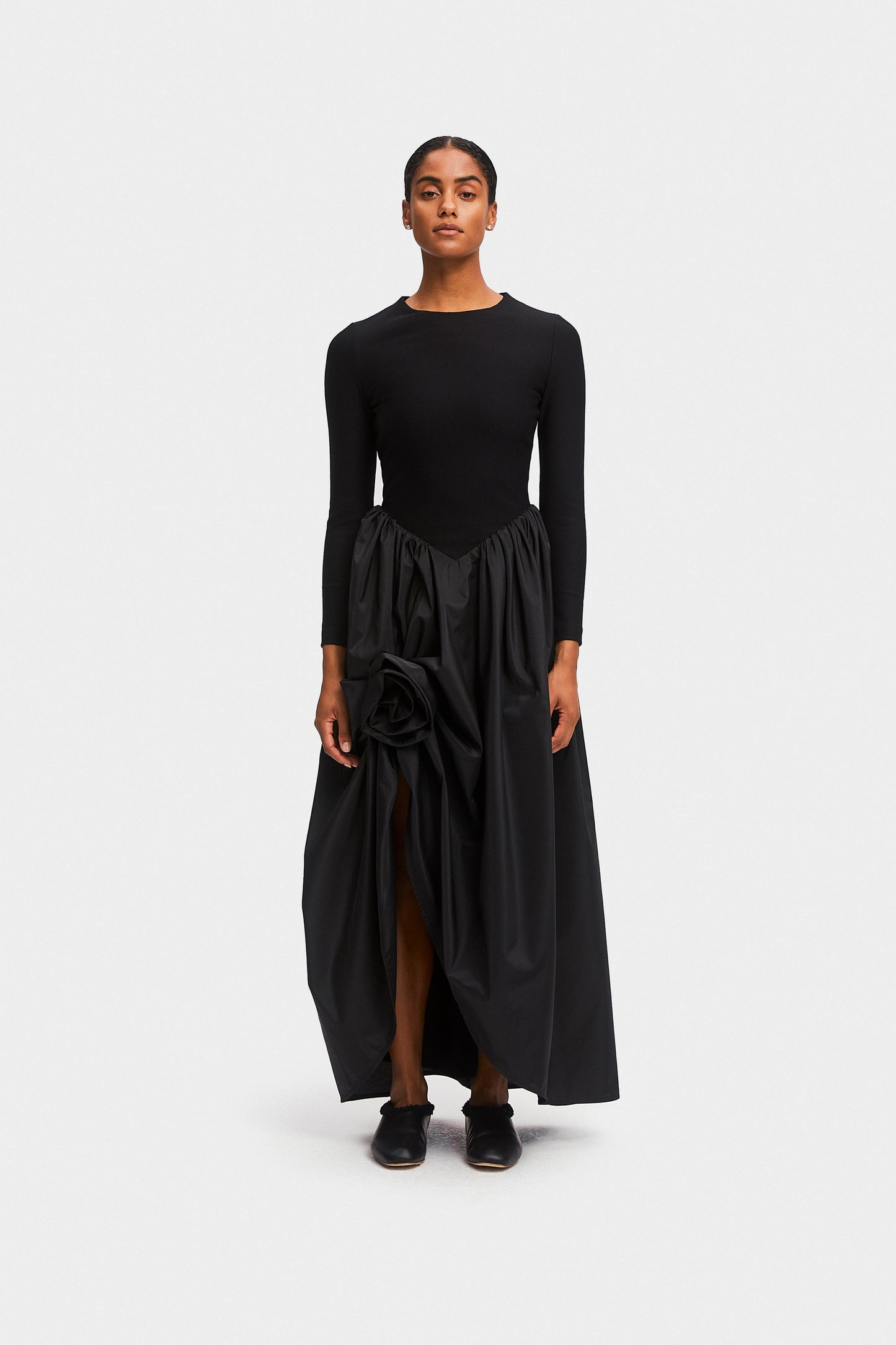 Aurora Maxi Dress with Rose Detail in Black