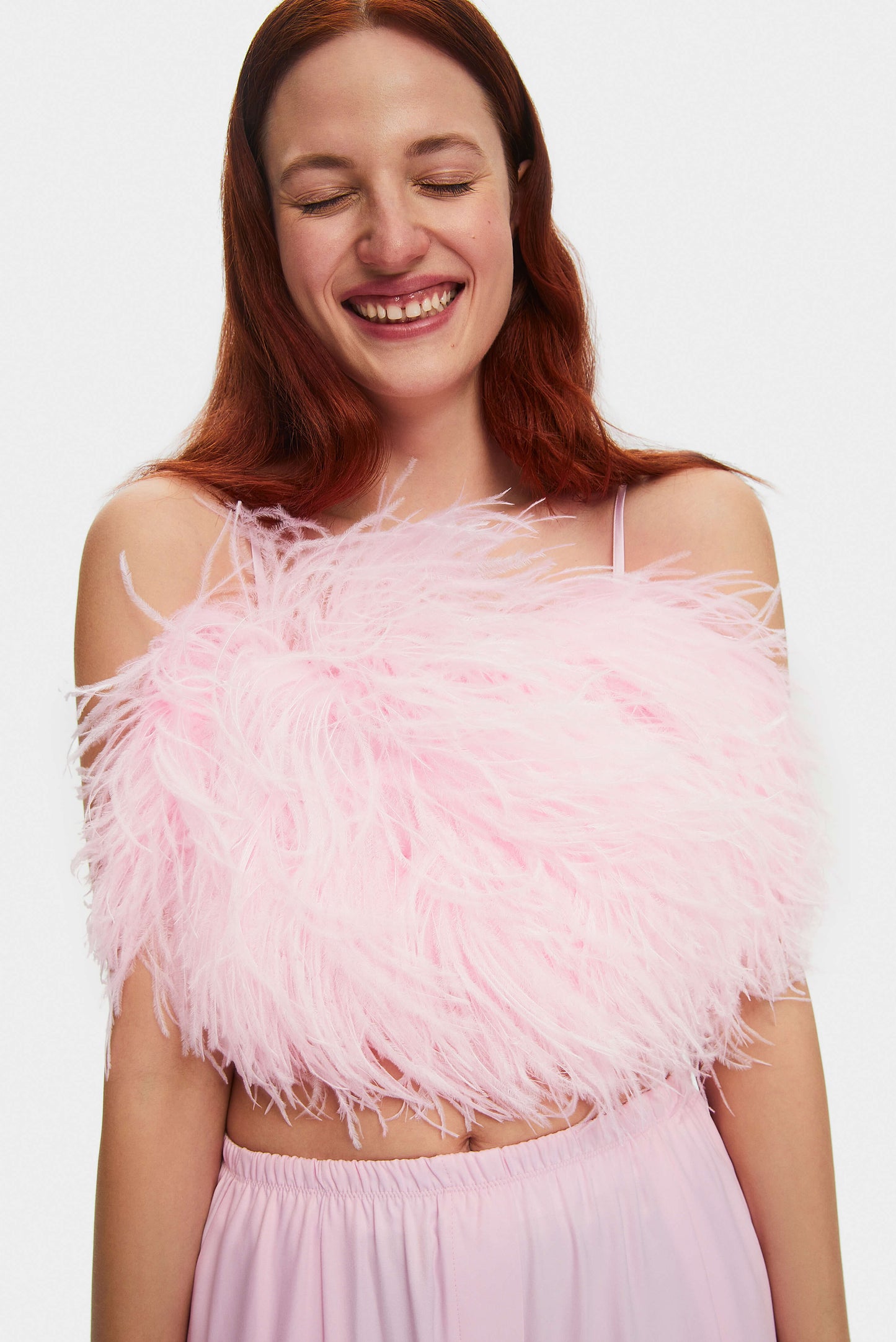 Boheme Feather Trimmed Ecovero™ Satin Top in Pink