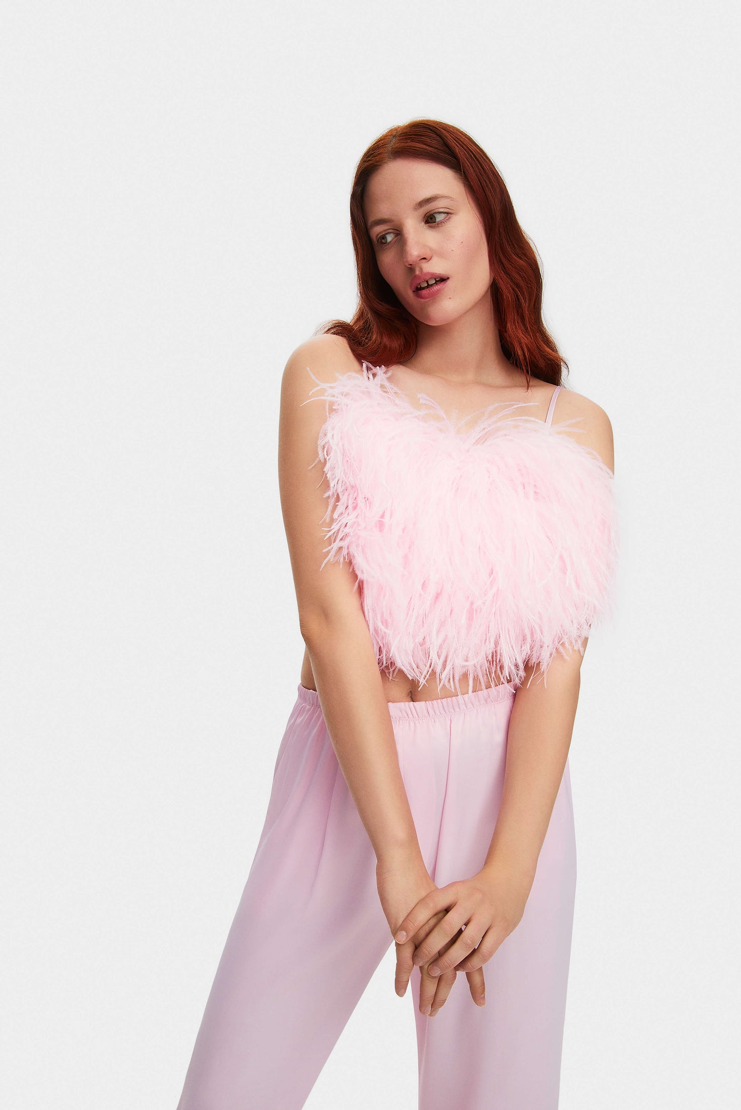 Boheme Feather Trimmed Ecovero™ Satin Top in Pink