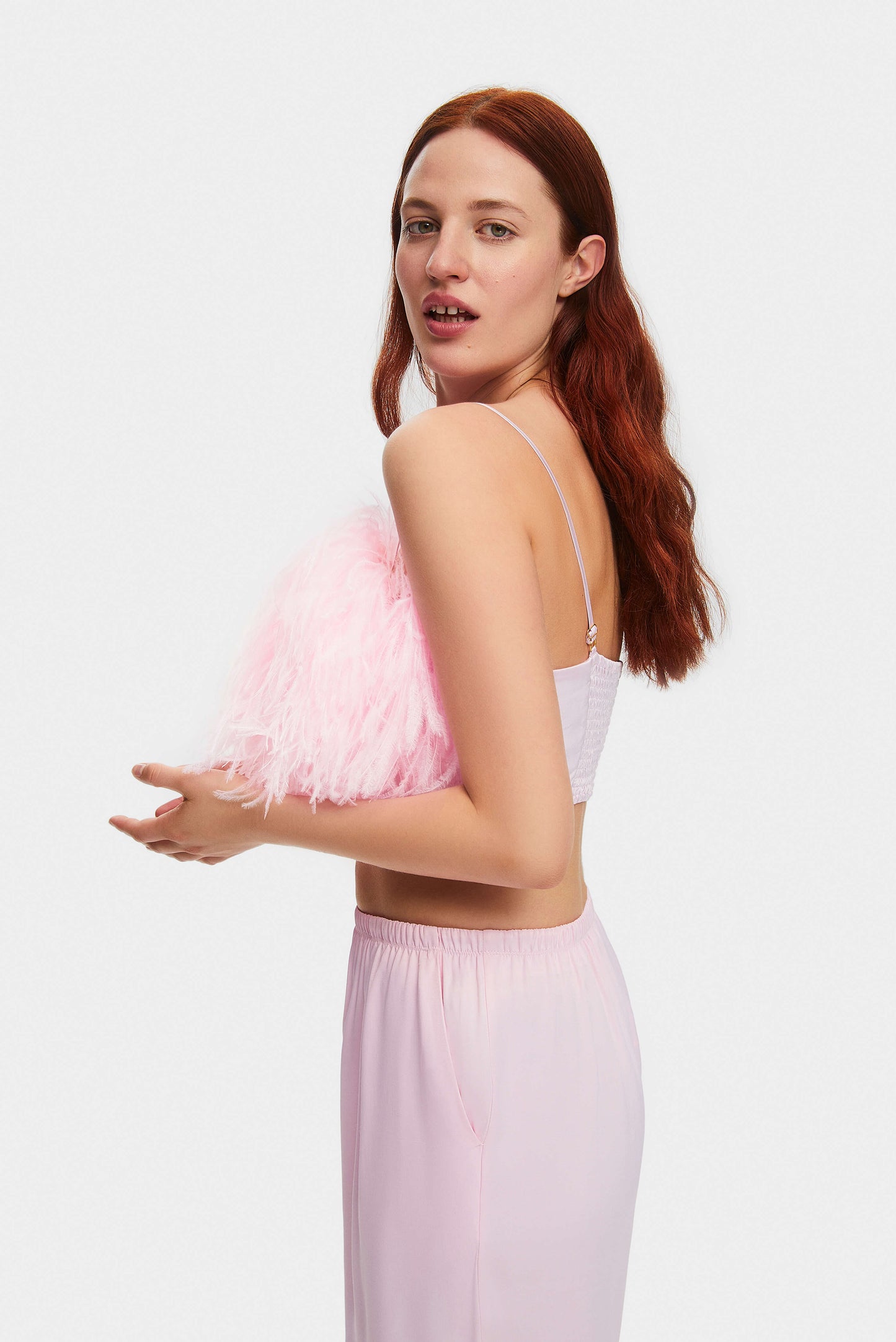 Boheme Feather Trimmed Ecovero™ Satin Top in Pink