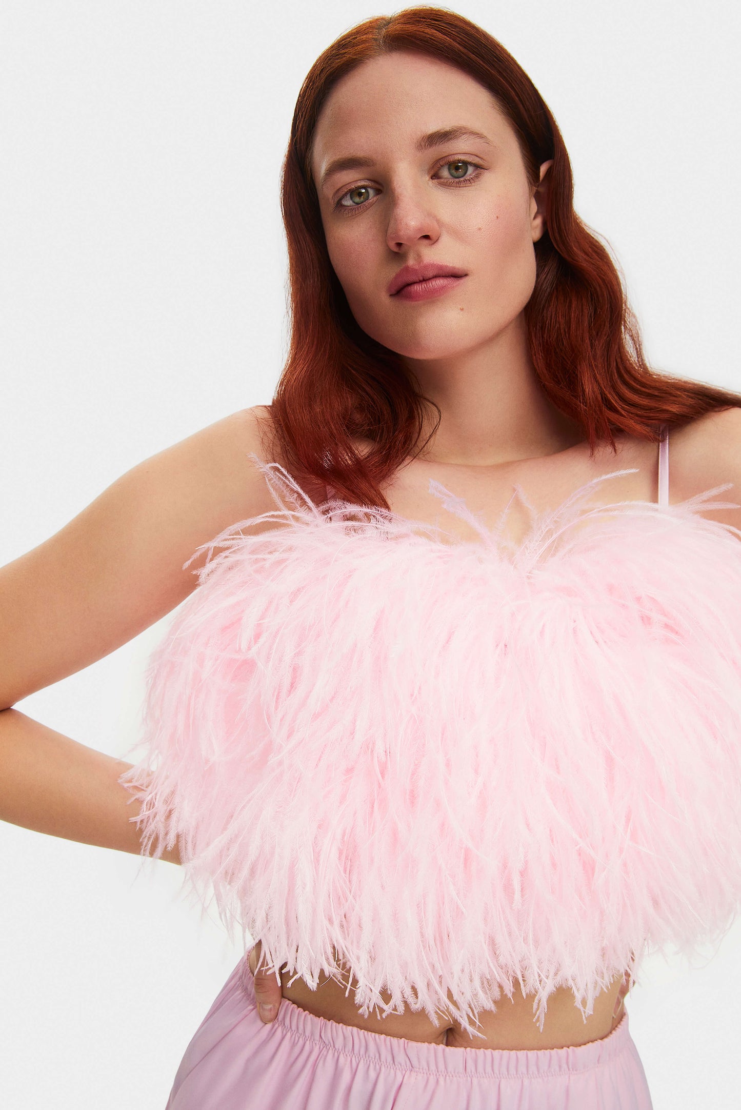 Boheme Feather Trimmed Ecovero™ Satin Top in Pink