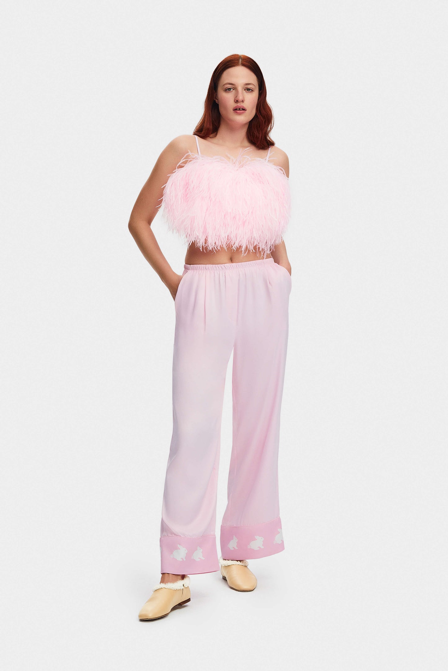 Boheme Feather Trimmed Ecovero™ Satin Top in Pink