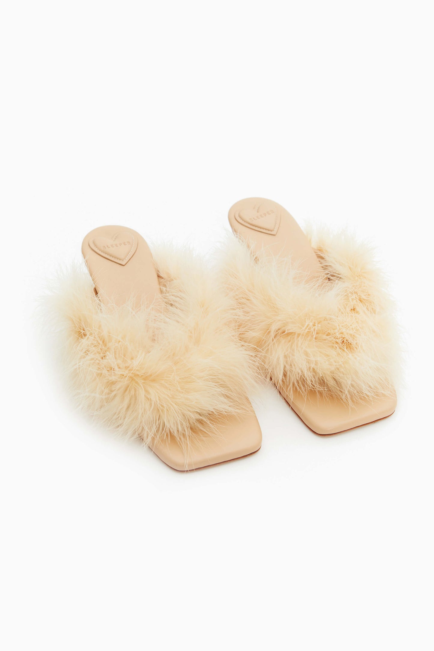 Pom Kitten Heel Mules with Feathers in Pink