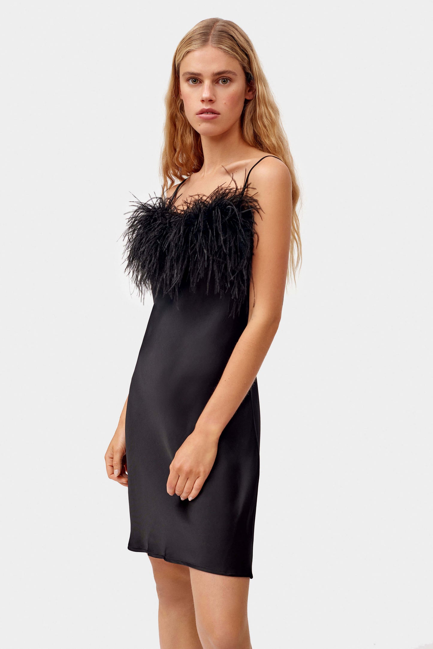 Boheme Mini Slip Dress with Feathers in Black