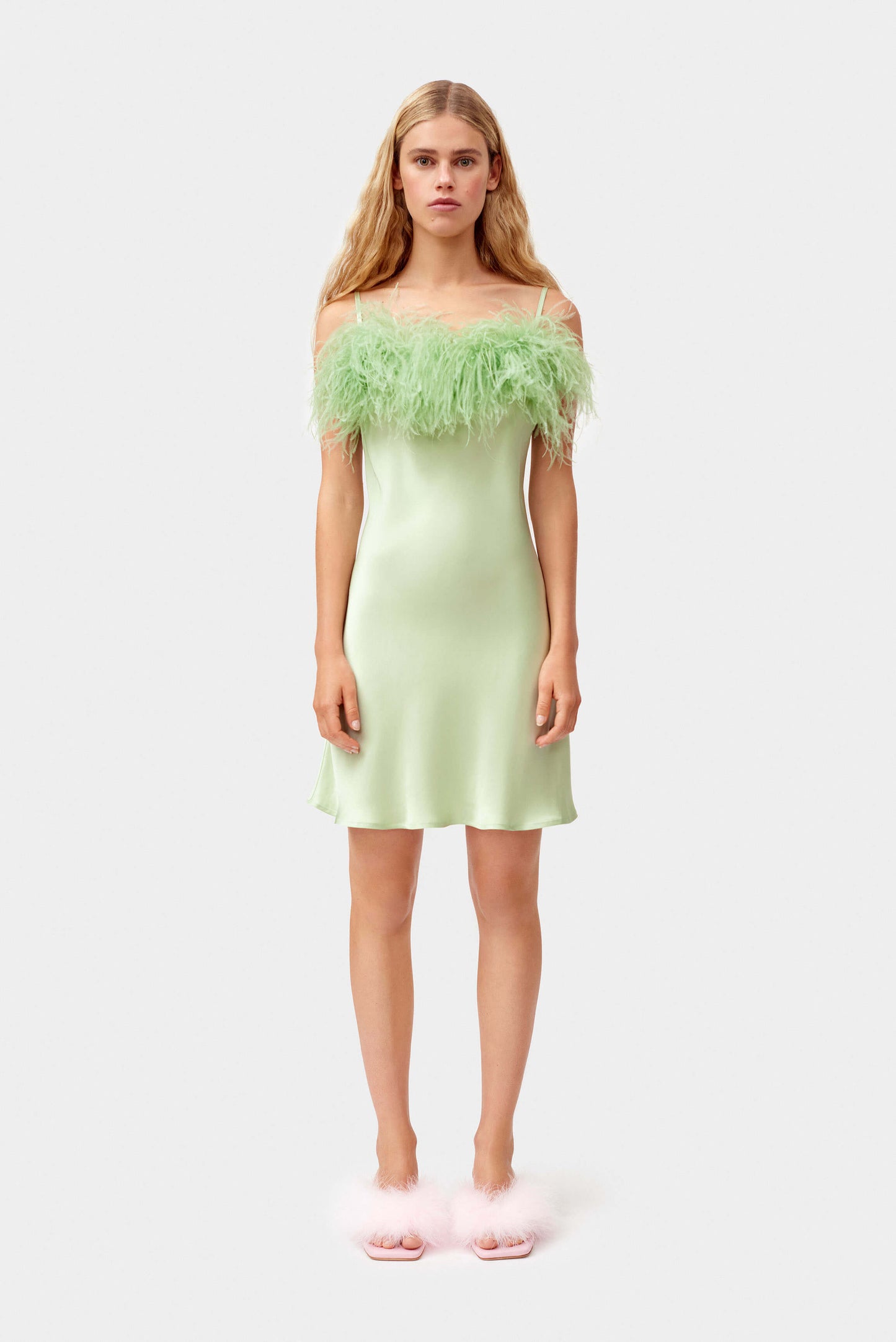 Boheme Mini Slip Dress with Feathers in Mint