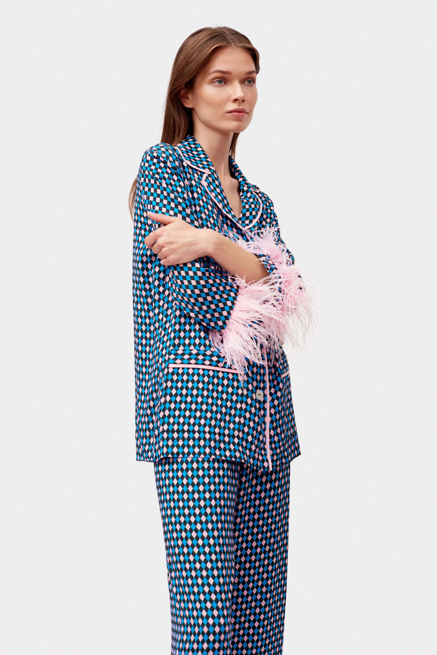 Party Pajamas Set with double Feathers in Navy Print