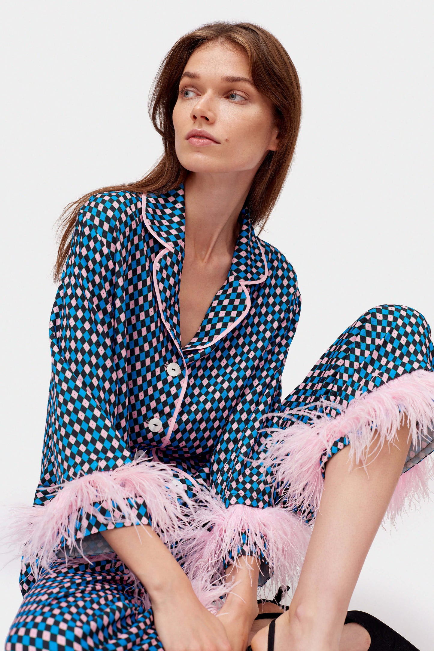 Party Pajamas Set with double Feathers in Navy Print