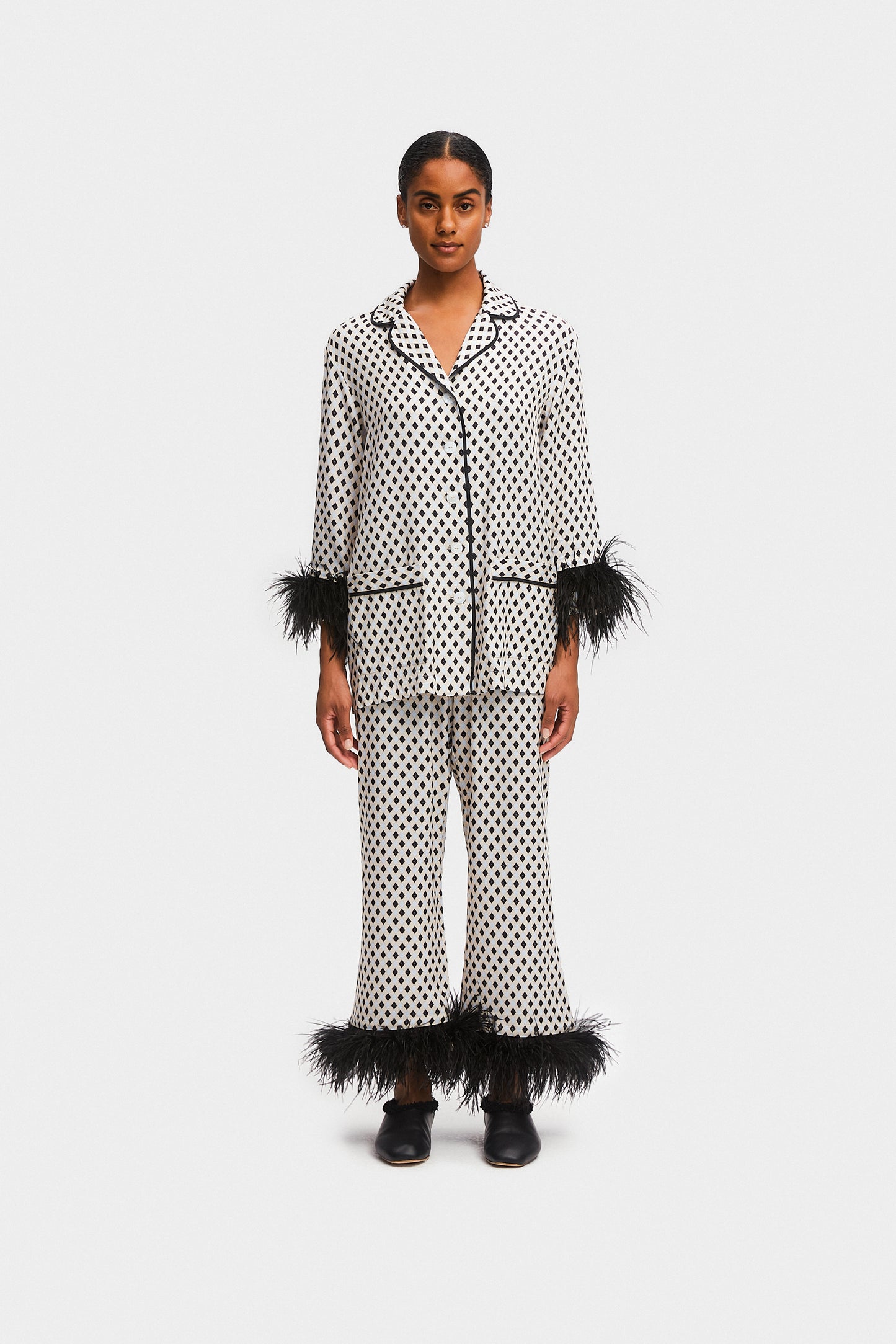 Party Pajamas Set with Detachable Feathers in Black Print