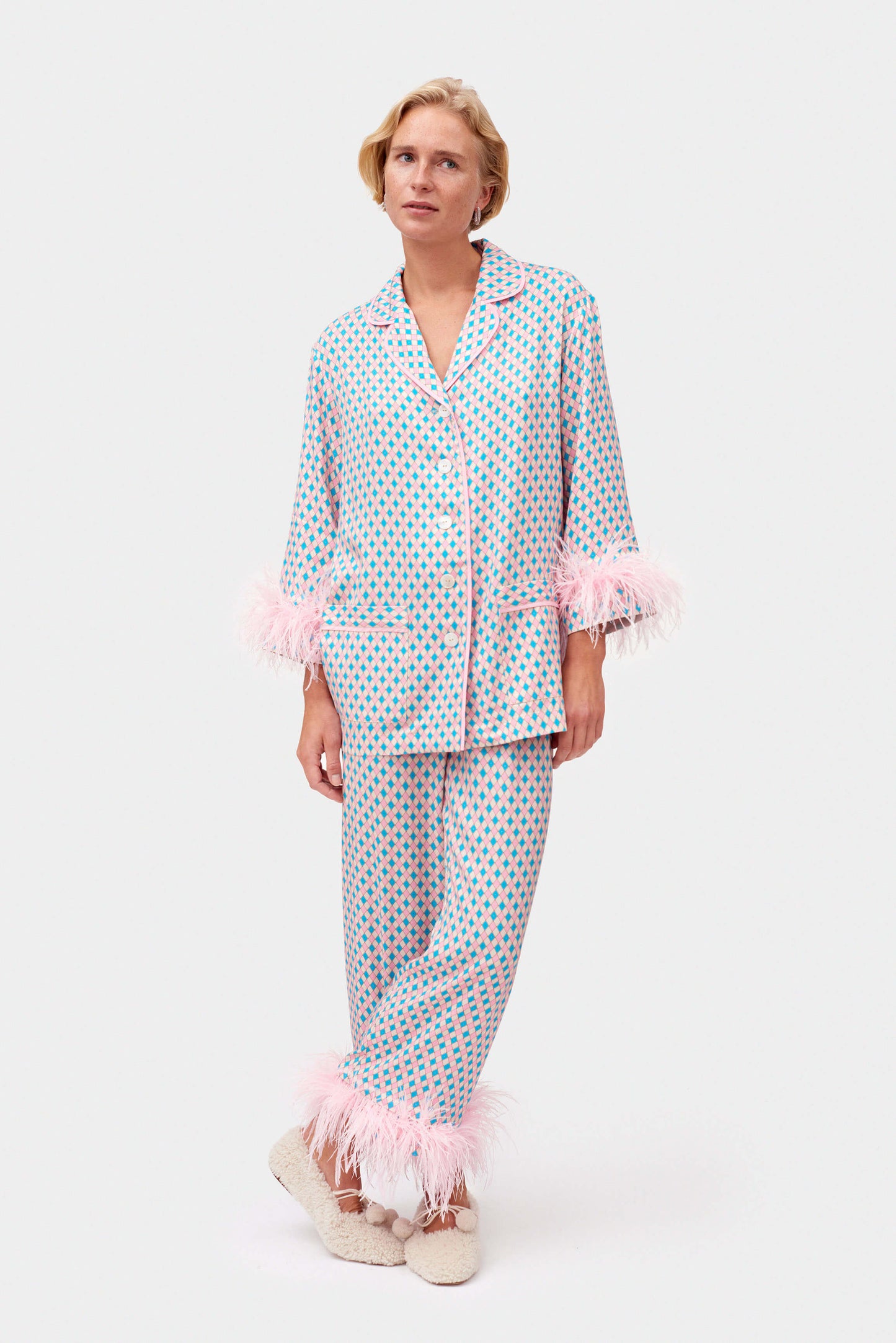Party Pajamas Set with Detachable Feathers in Pink Print
