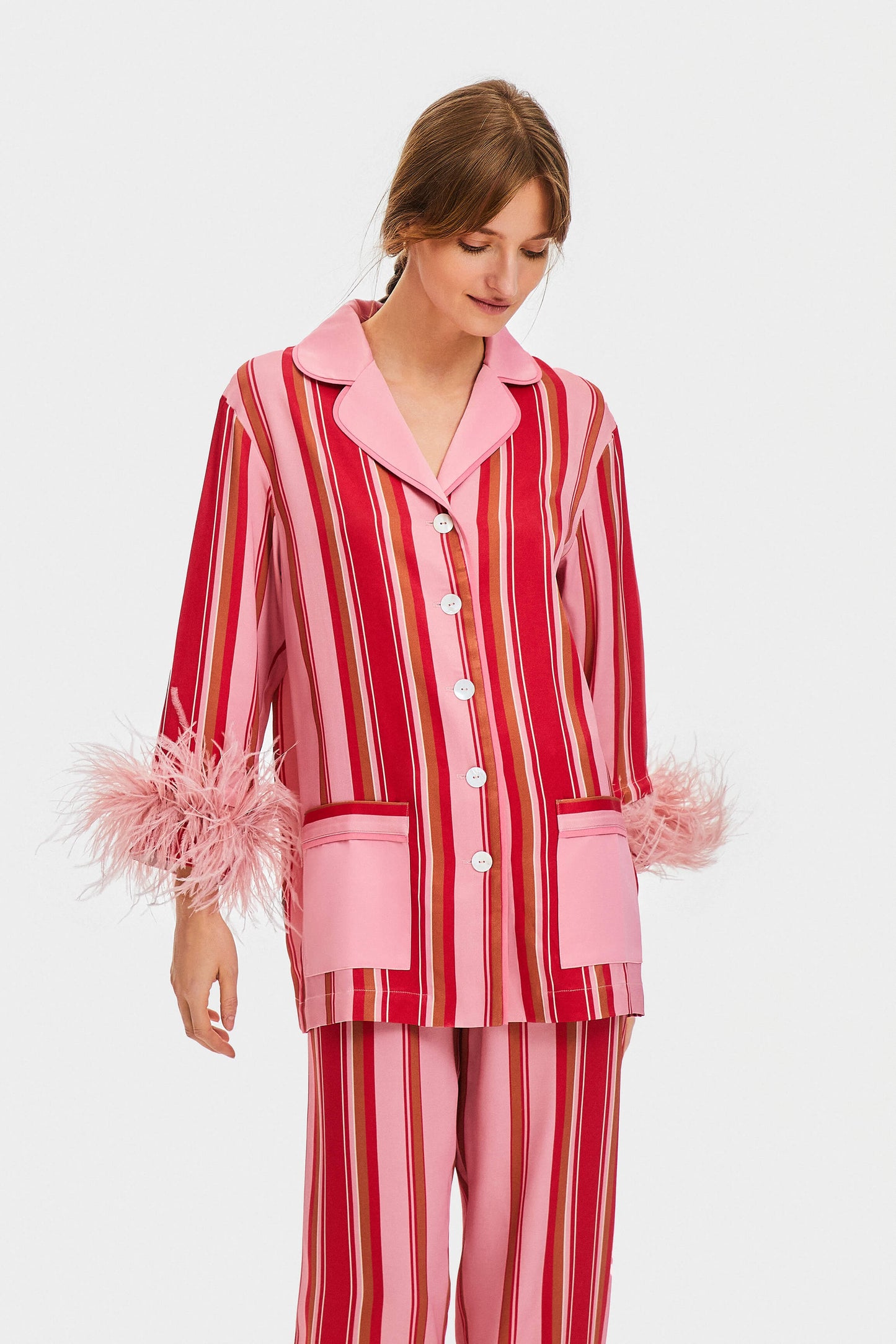 Party Pajama with Detachable Feathers in Pink Stripes
