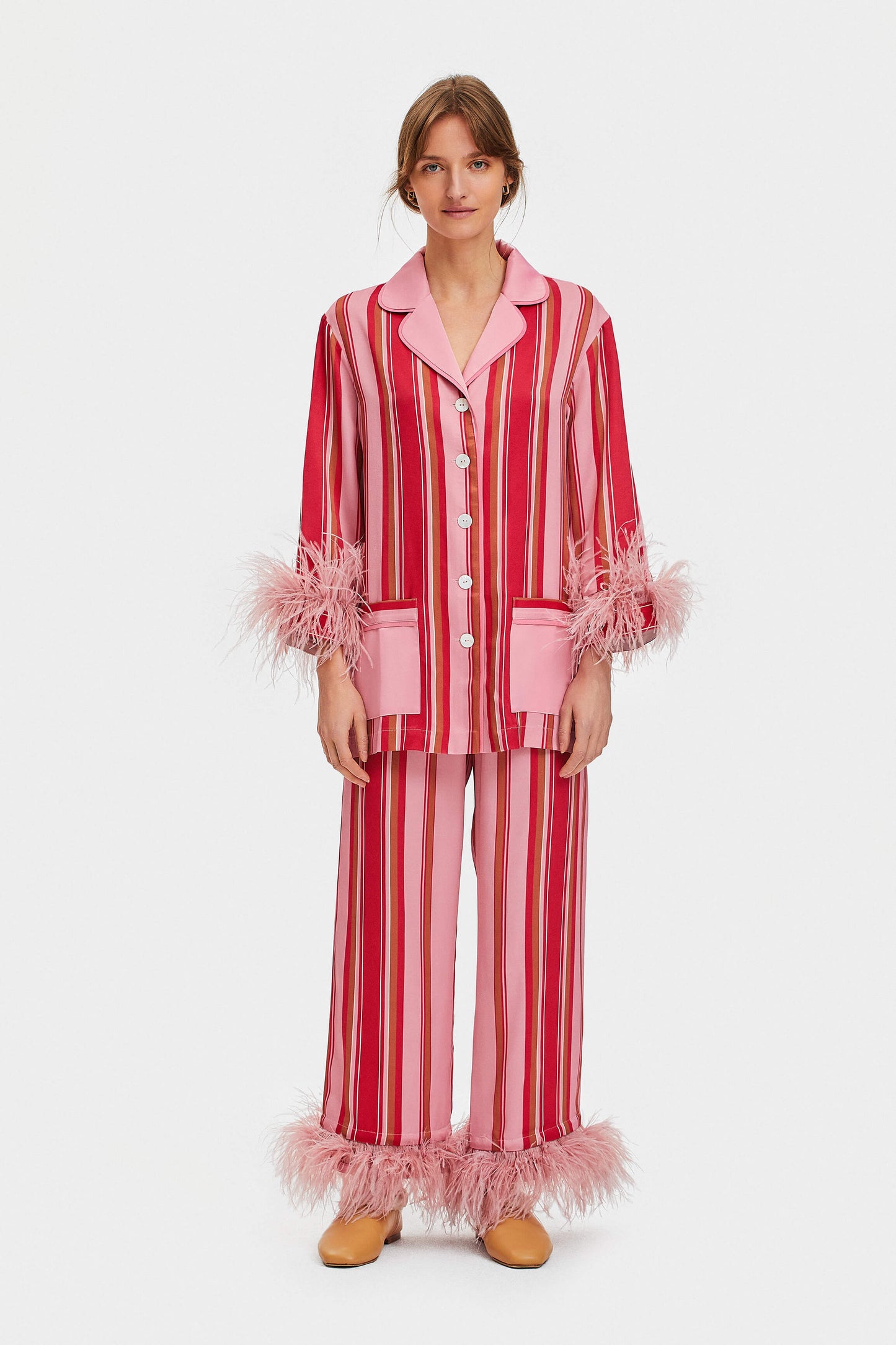 Party Pajama with Detachable Feathers in Pink Stripes