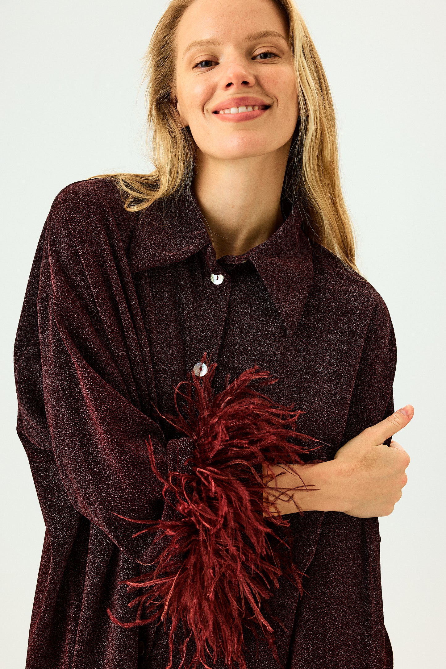 Cosmos Oversized Lurex Pajama Set in Burgundy