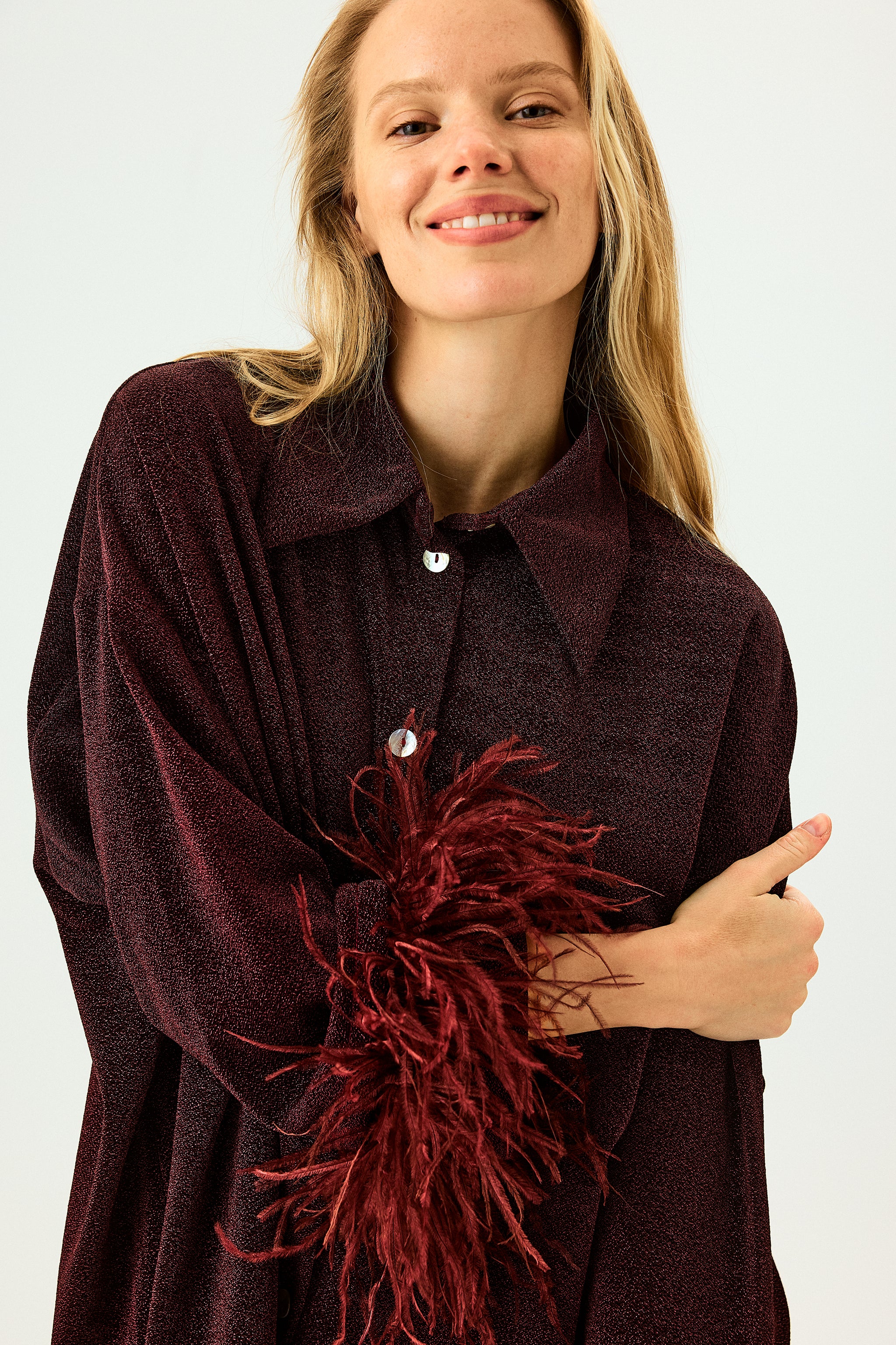 Cosmos Oversized Lurex Pajama Set in Burgundy