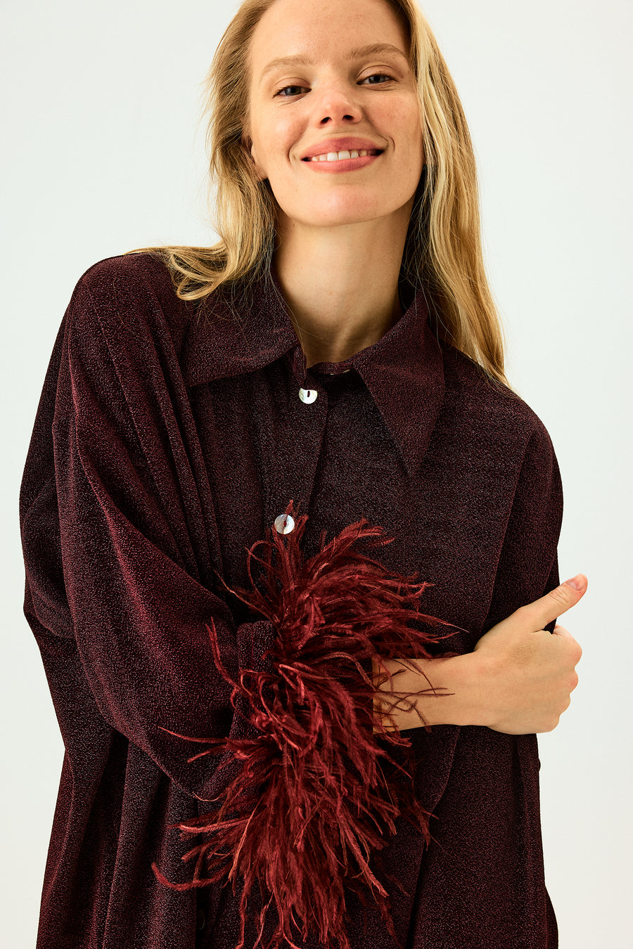 Cosmos Oversized Lurex Pajama Set in Burgundy