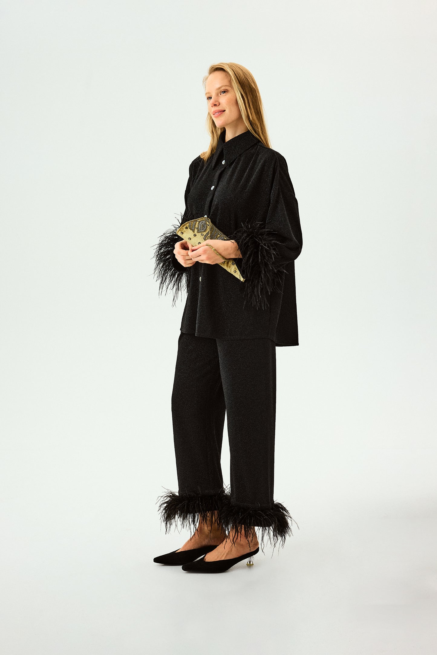 Cosmos Oversized Metallic Jersey Pajama Set in Black