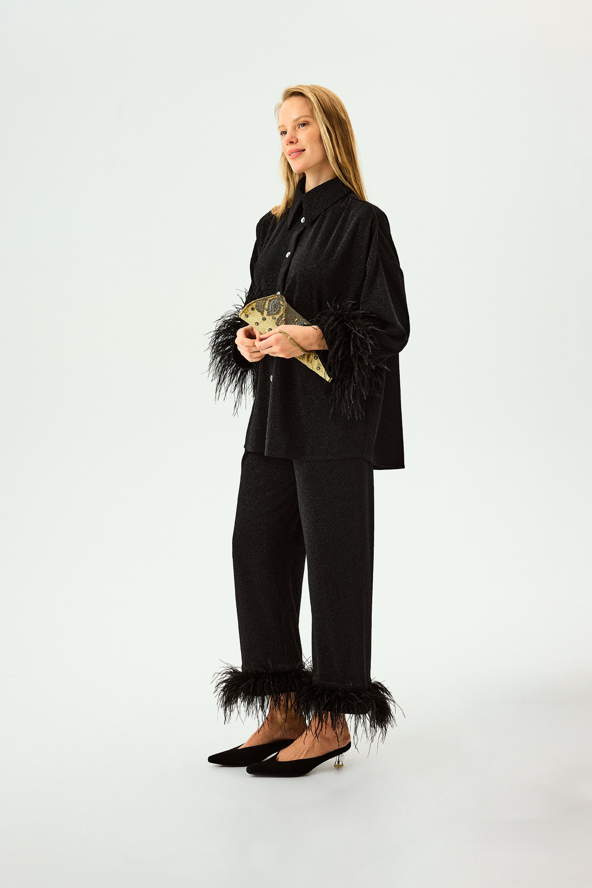 Cosmos Oversized Metallic Jersey Pajama Set in Black