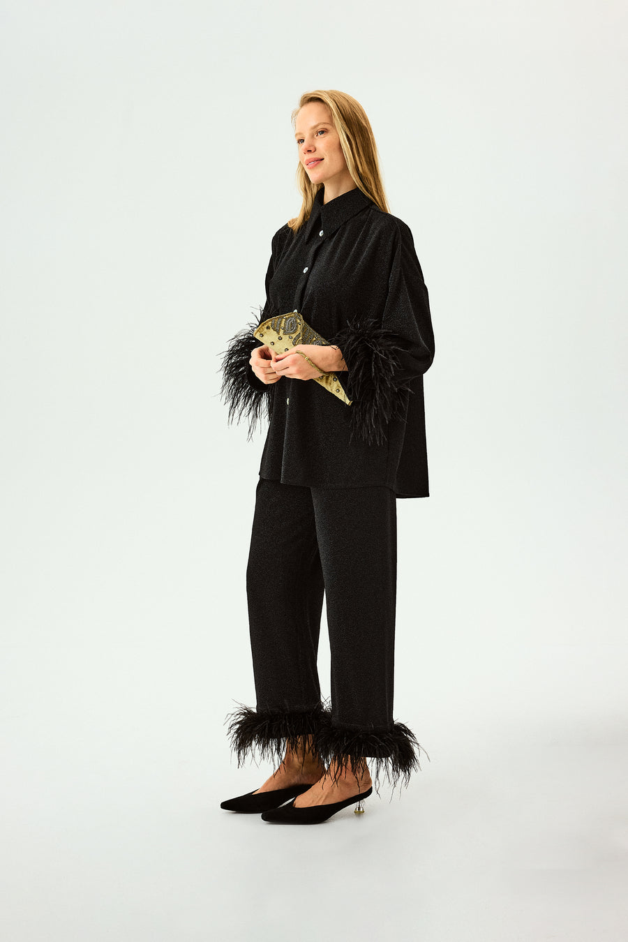 Cosmos Oversized Metallic Jersey Pajama Set in Black