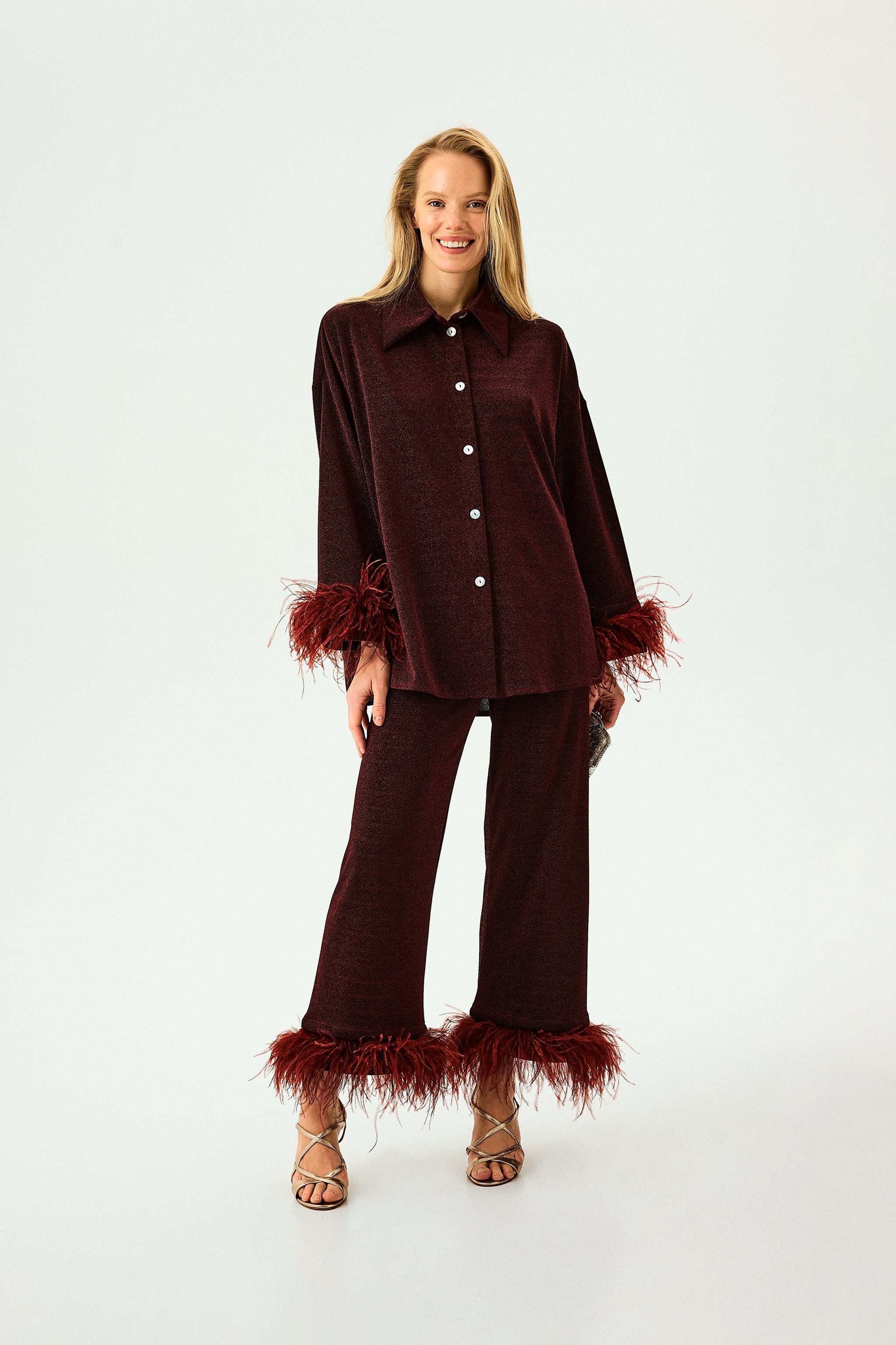Cosmos Oversized Lurex Pajama Set in Burgundy