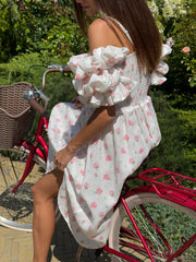 Arle Ruffled Linen Midi Dress in Roses