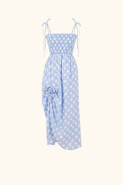 Atlanta Strap Dress with Rose in Blue and white polka dot