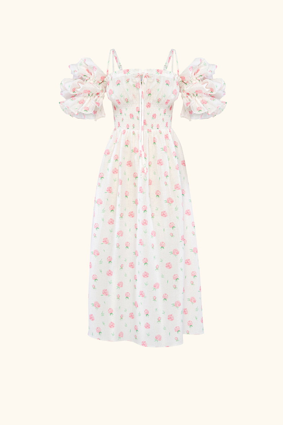 Arle Ruffled Linen Midi Dress in Roses