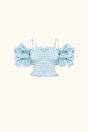 Arle Ruffled Linen Top in Blue Vichy