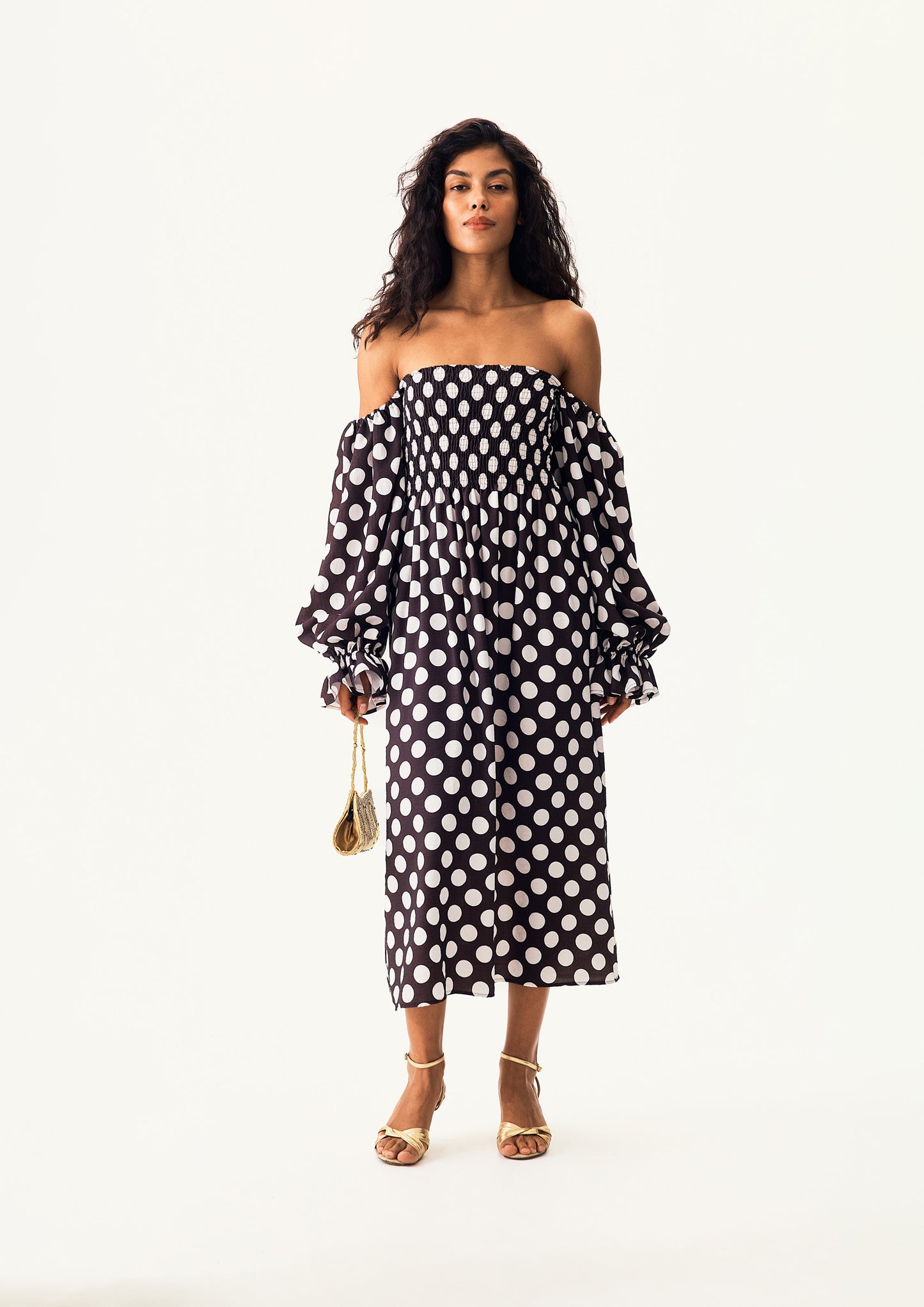 Atlanta Dress with Hair Ribbon in Black and white polka dot