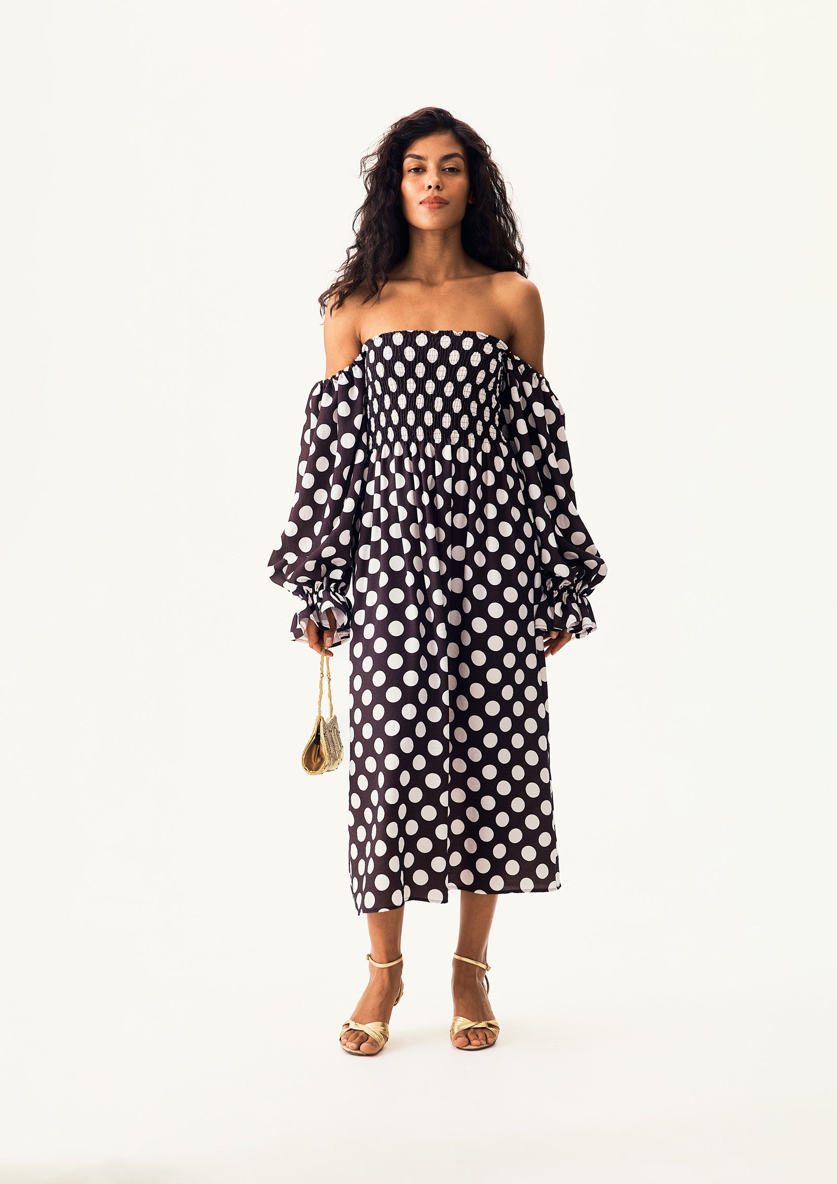 Atlanta Dress with Hair Ribbon in Black and white polka dot