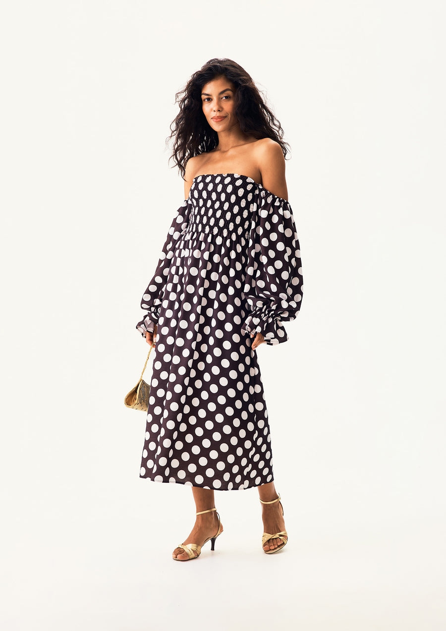 Atlanta Dress with Hair Ribbon in Black and white polka dot