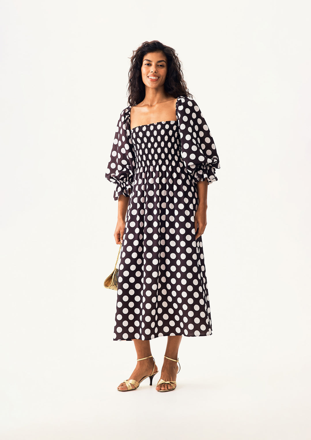Atlanta Dress with Hair Ribbon in Black and white polka dot