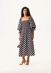 Atlanta Dress with Hair Ribbon in Black and white polka dot