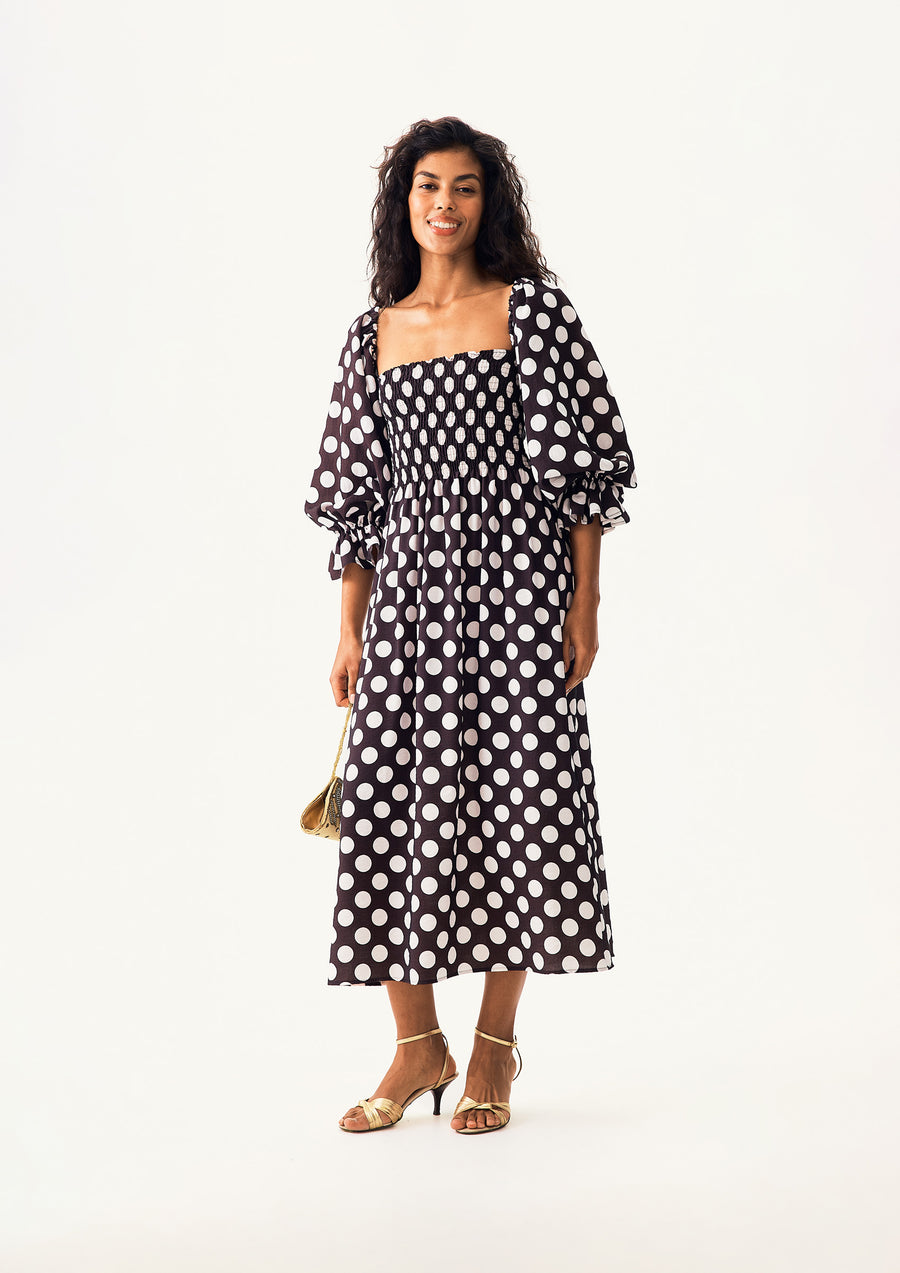 Atlanta Dress with Hair Ribbon in Black and white polka dot