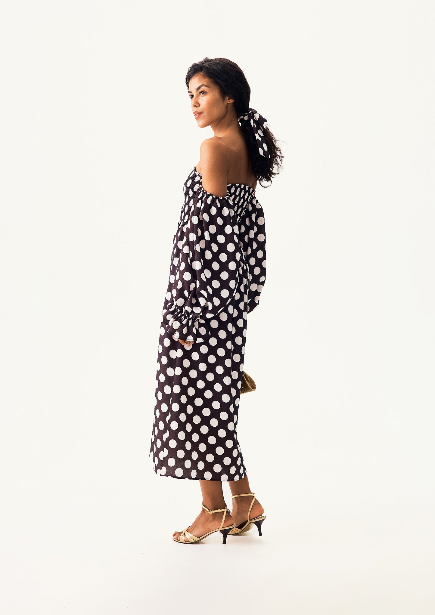 Atlanta Dress with Hair Ribbon in Black and white polka dot
